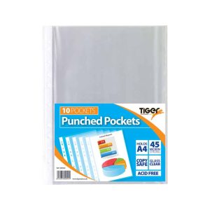 Wholesale Tiger A4 Punched Poly Pockets, 45 micron Glass clear, 10's
