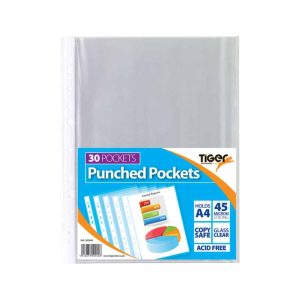 Wholesale Tiger A4 Punched Poly Pockets, 45 micron Glass clear, 30's